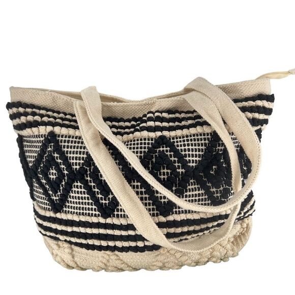 Nanette Lepore Cyprus Dhurry Boho Embroidered Cotton Tan Zip Top Shopping Tote - Picture 1 of 8